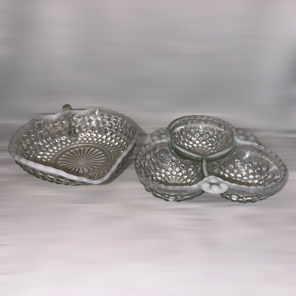 2 Piece Anchor Hocking Hobnail Opalescent Glass Dish Set Moonstone Vintage